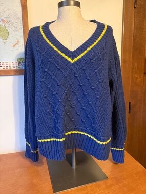 Maeve Navy V-Neck Cable Knit Sweater with Yellow Trim